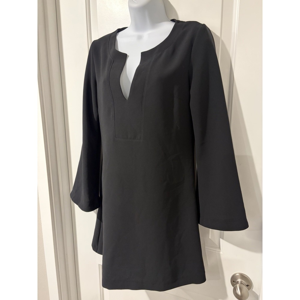 Zara Basic Black Mini Dress~S~V Neck Bell Sleeve A line Shift Retro Mod 70's